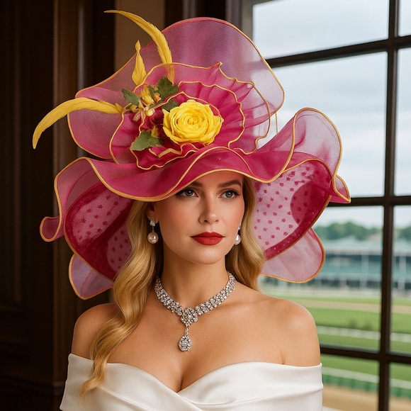 Accessories - Kentucky Derby Hat Ky Oaks Organza Feather Pink Polka Dot and Yellow Floral Hat